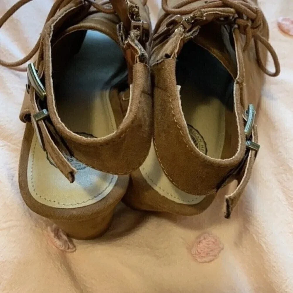 Brown suede peep toe wedge heels